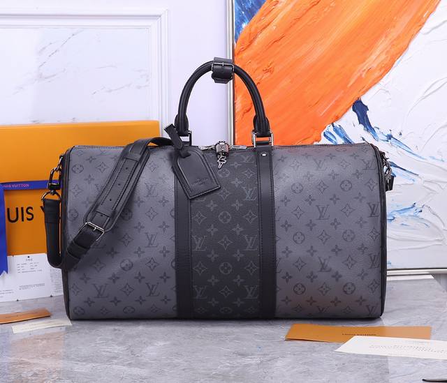 正品开发 原单五金 此款 Keepall Bandouli re 50 旅行袋以浅色 Monogram Eclipse Reverse 帆布替代深色 Monog