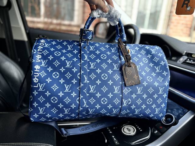 高端货 新款 Louis Vuitton 旅行袋 M4 6 Bandoulier Keepall 50 旅行袋 登机包 涂层帆布 经典老花 蓝色 手提单肩斜挎包