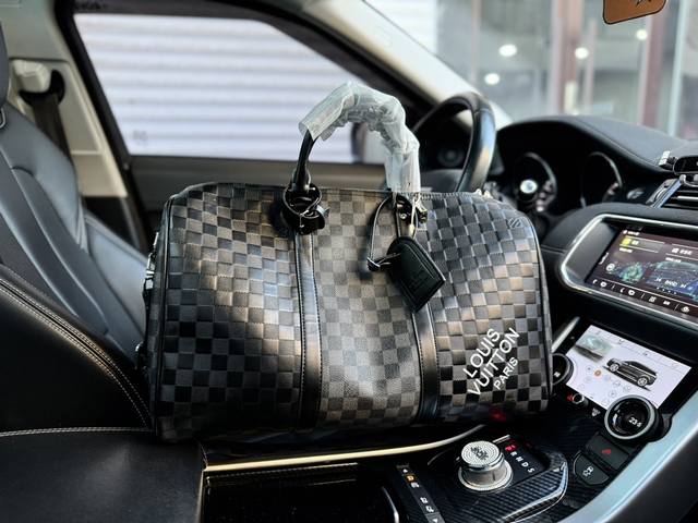 高端货 新款 Louis Vuitton 旅行袋 N40443. Keepall 50 可拆卸可调节肩带拉链开合牛皮拼帆布 单肩斜挎手提包 男款 黑色 灰色 5