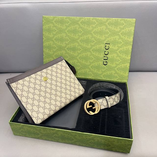 Gucci 古奇 高端二合一礼盒 手拿包腰带 高端品质 采用精湛镶嵌细工 实物拍摄 原厂原版面料 配送 礼品袋 高端礼盒