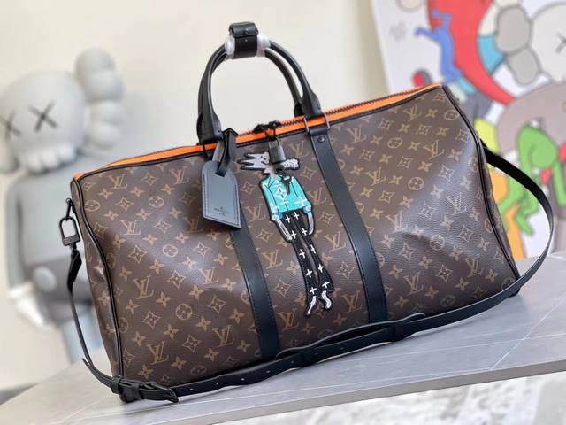 M45616 公仔 刺绣 本款 Keepall Bandouli re 50 旅行袋取材 Monogram 帆布和哑光皮革饰边 邀请 Virgil Abloh