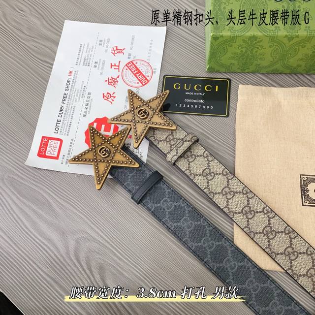 Gucc古奇g家 原单新品 带身采用雙面意大利進口原廠牛皮纹 非市场普通版本 黑色经典配色 百搭适合各种场合 扣头精品设计注意细节 宽度3.8Cm