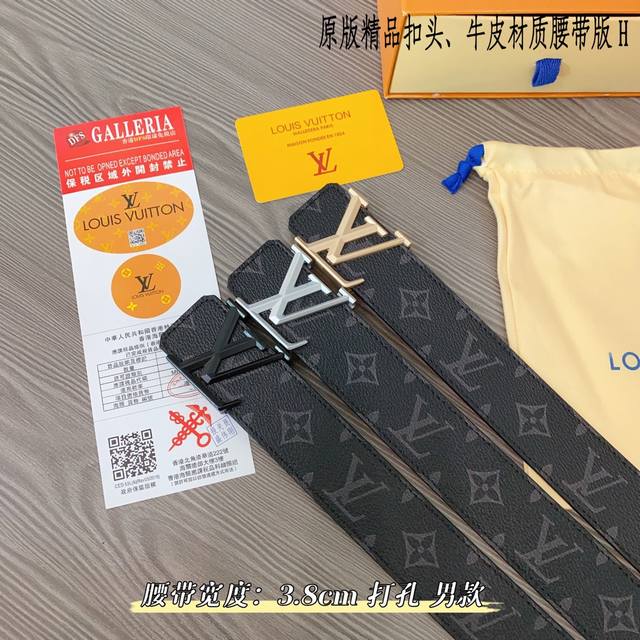 原版品质打孔 品牌：路易l家 男款 颜色：黑 扣头：金 银 黑 扣头：原版精品纯铜五金扣头 带身：原版牛皮 尺寸：宽约：3.8Cm 长约：95Cm-125Cm