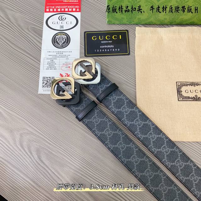 原版品质打孔 品牌：古奇g家 男款 颜色：黑 扣头：金 银 扣头：原版精品纯铜五金扣头 带身：原版牛皮 尺寸：宽约：3.8Cm 长约：95Cm-125Cm 类别