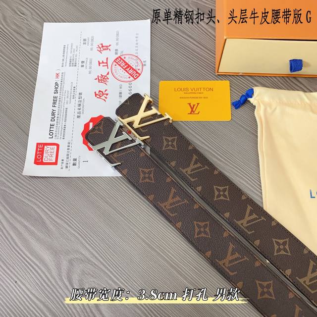 路易l驴家 寬度3.8Cm 為原廠头层牛皮 風格效果 底為柔軟的黑色头层牛皮 經典字母精钢扣头效果 手感極佳 从买原版到开发历经数月打造而出 选料 做工细节 媲