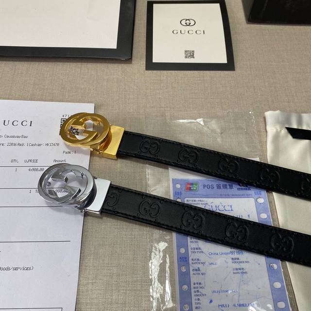 品牌：古驰gucci 等级：女士皮带.复古牛皮.油边精致、官网同步新款 配专柜全套包装 送打眼针 长度裁剪 扣头：新款钢扣 不褪色 长度：90 110Cm Cm