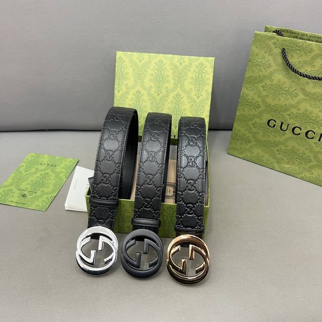 Gucci 古奇 牛皮腰带 男士经典款皮带 时装搭配必备款 优质合金扣头 采用原厂牛皮带身 机械打孔 高品质全套包装 礼盒 礼袋 小票