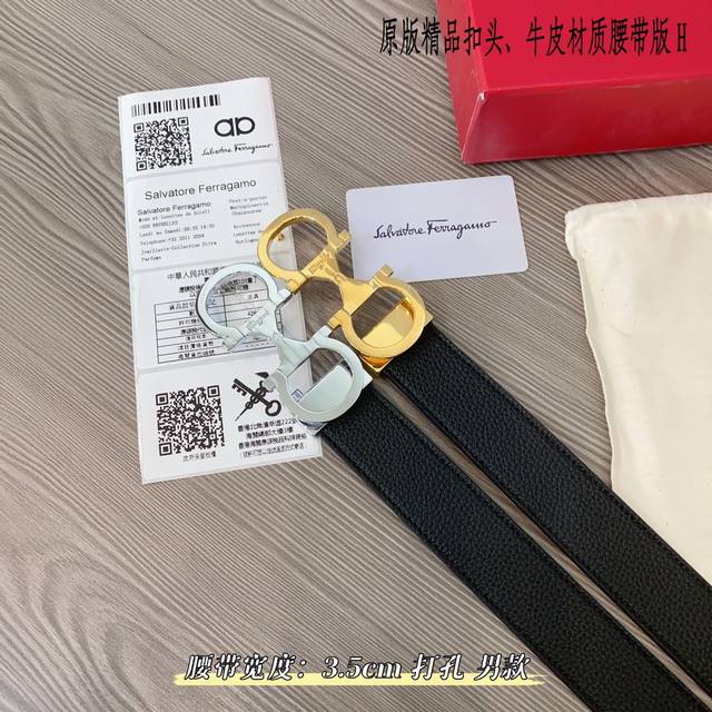 原版品质打孔 品牌：菲拉f家 男款 颜色：黑 扣头：金 银 扣头：原版精品纯铜五金扣头 带身：原版牛皮 尺寸：宽约：3.5Cm 长约：95Cm-125Cm 类别