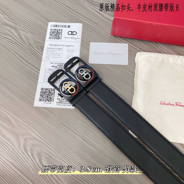 原版品质滑道 品牌：菲拉f家 男款 颜色：黑 扣头：金 银 扣头：原版精品纯铜五金扣头 带身：原版牛皮 尺寸：宽约：3.8Cm 长约：95Cm-125Cm 类别