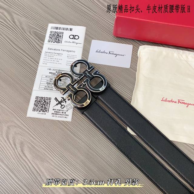 原版品质打孔 品牌：菲拉f家 男款 颜色：黑 扣头：金 银 扣头：原版精品纯铜五金扣头 带身：原版牛皮 尺寸：宽约：3.5Cm 长约：95Cm-125Cm 类别