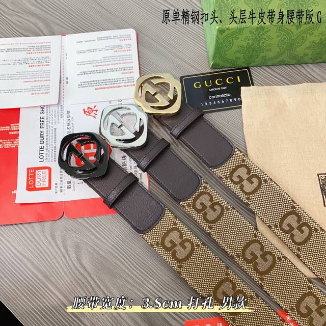 Gucc古奇g家 原单新品 带身采用雙面意大利進口原廠牛皮纹 非市场普通版本 黑色经典配色 百搭适合各种场合 扣头精品设计注意细节 宽度3.8Cm