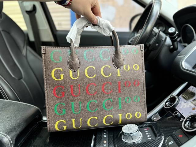 高端货 新款 “Gucci 古奇”托特包 Gucci古驰 Logo字母印花 皮革 单肩斜挎手提包 小号男女同款情侣款 棕色 规格：31X26.4X14Cm配