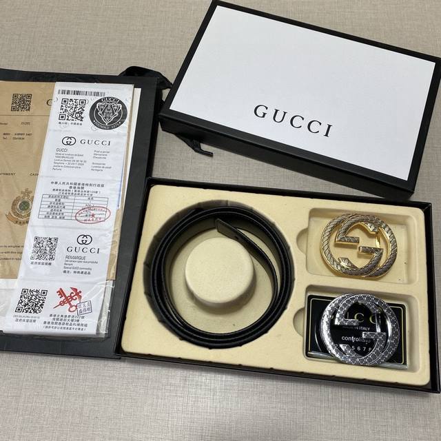 G特惠款 ☆雙扣禮盒套裝 含禮盒 專櫃有售 古馳Gucci專櫃在售正品 此款採用定制牛皮製作 油邊細緻、長度剪裁。正品開模 搭配广州原版扣五金 3.8CM规格