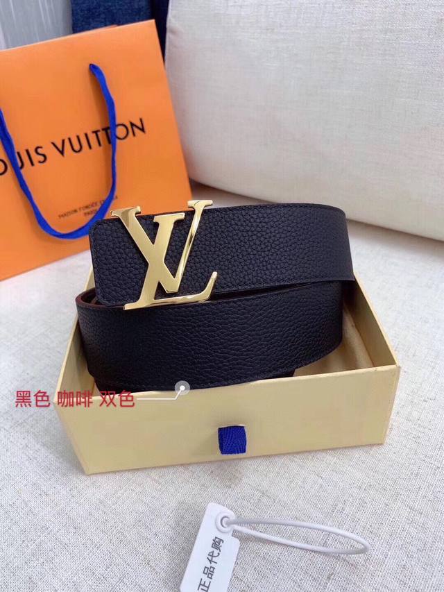 路易威登Louis Vuitton 法国 专柜品质 官网同步 宽度3.8cm 精美钢扣头 原版意大利双面进口小牛皮原版花纹 双面可用 黑色 咖啡 双色 手感极佳