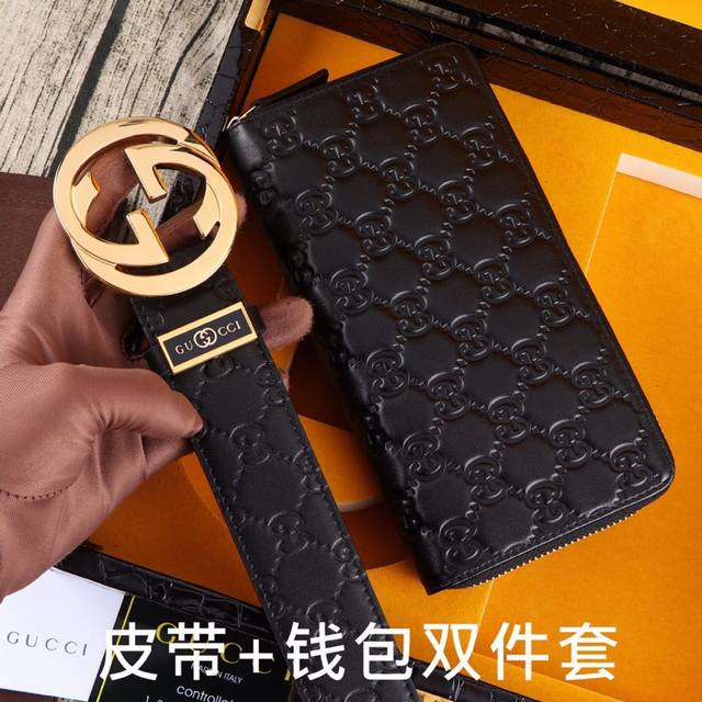 品牌：古奇.Gu..Cci双件套 型号：木盒装，皮带+钱包，两件套 等级：意大利进口百分百头层牛皮，古奇.Gu..Cci，世界著名奢侈品品牌，经典g花纹系列，进