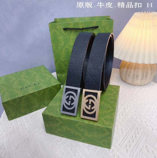 原版品质打孔 品牌：古奇g家 男款 颜色：黑 扣头：金 银 扣头：原版精品纯铜五金扣头 带身：原版牛皮 尺寸：宽约：3.8Cm 长约：95Cm-125Cm 类别