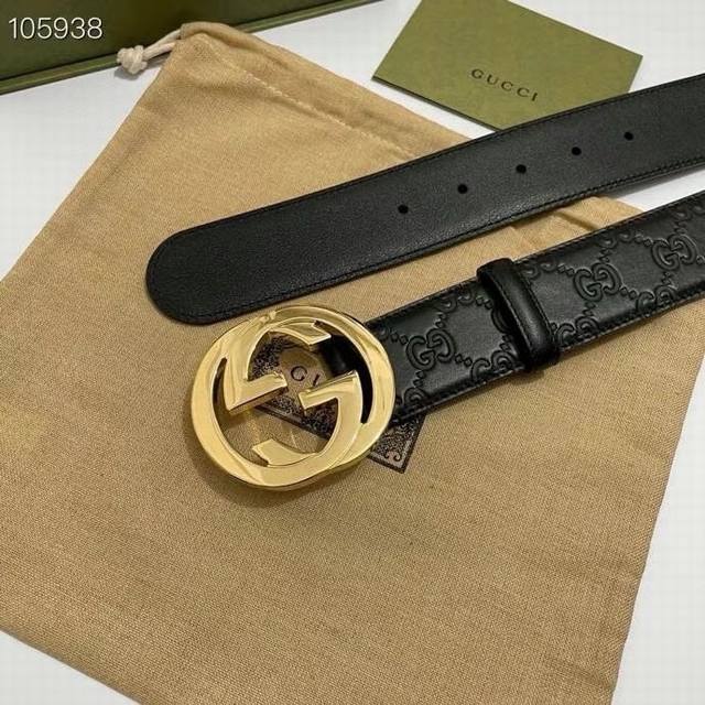 Gucci经典款头层压g花，内衬头层进口黑色皮底 宽4.0Cm 双g亮金色. - 点击图像关闭