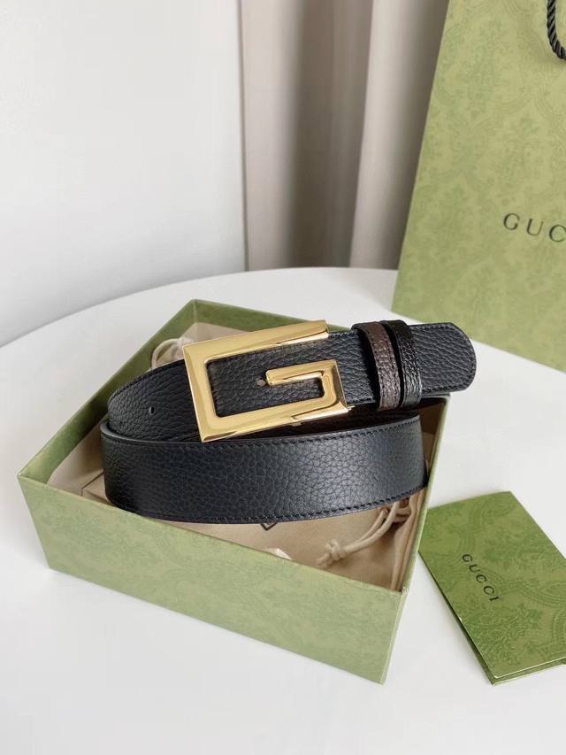 Gucci 原单腰带，双面可用进口牛皮，转动精品五金扣头，宽度3.5Cm皮带腰带