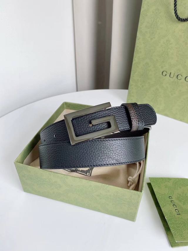 Gucci 原单腰带，双面可用进口牛皮，转动精品五金扣头，宽度3.5Cm皮带腰带