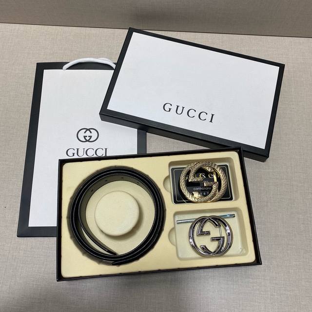 古驰gucci精品款 ☆双扣礼盒套装 含礼盒 专柜有售 Gucci专柜在售正品 此款采用头层牛皮制作 走线油边细致 正品开模 搭配广州原版扣经久耐用、3.8Cm