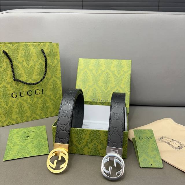 Gucci 古奇钢扣 原单牛皮腰带 男士经典款皮带 时装搭配必备款 优质扣头 采用原厂牛皮带身 机械打孔 高品质全套包装 礼盒 礼袋 小票