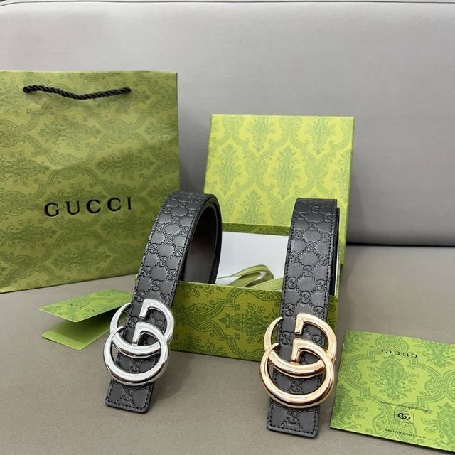 Gucci 古奇牛皮腰带 男士经典款皮带 时装搭配必备款 优质合金扣头 采用原厂牛皮带身 机械打孔 高品质全套包装 礼盒 礼袋 小票