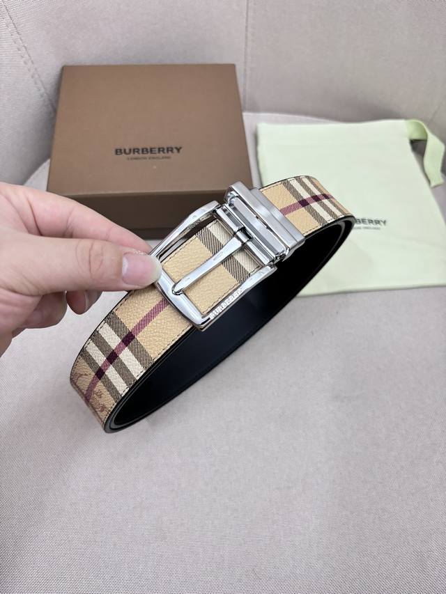 Burberry-巴宝莉！男士专柜对版金属扣，头层牛皮双面外用腰带，商务通勤休闲场合均适合佩戴3.5Cm