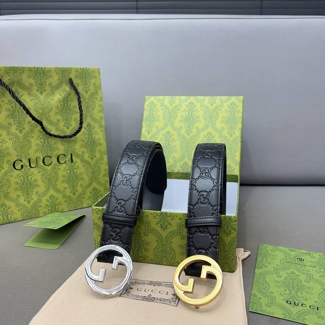 Gucci 古奇牛皮腰带 男士经典款皮带 时装搭配必备款 优质合金扣头 采用原厂牛皮带身 机械打孔 高品质全套包装 礼盒 礼袋 小票