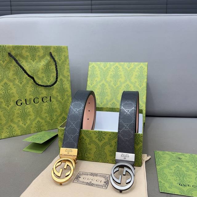 Gucci 古奇牛皮腰带 男士经典款皮带 时装搭配必备款 优质合金扣头 采用原厂牛皮带身 机械打孔 高品质全套包装 礼盒 礼袋 小票