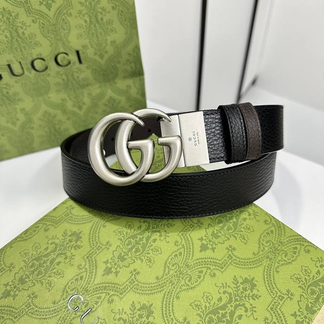 Gucci 黑咖双面进口togo粗荔枝皮，宽度3.7Cm 复古gg旋转扣 双面可用 可裁剪 - 点击图像关闭