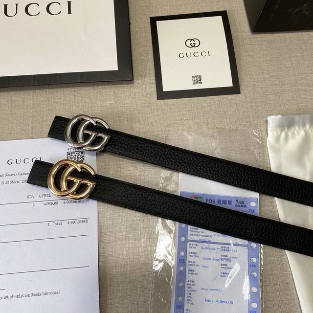 品牌：古驰gucci 等级：女士皮带.头牛层皮.油精边致、官网同新步款 配专全柜套包装 送眼打针 长度不裁剪 扣头：广州原版扣 长度：90 110Cm 2.5C