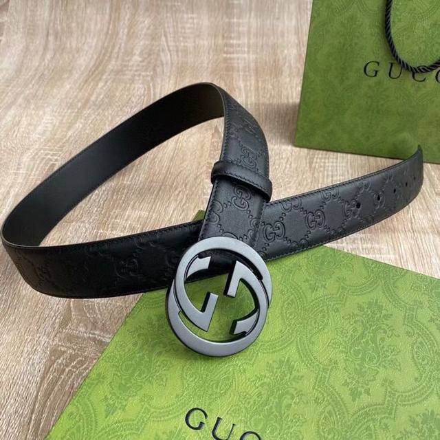 Gucci 经典全皮压花，专柜新版logo横标，原版进口南非皮底，精品双g钢扣 高端品质，不惧对比，宽度：40Mm