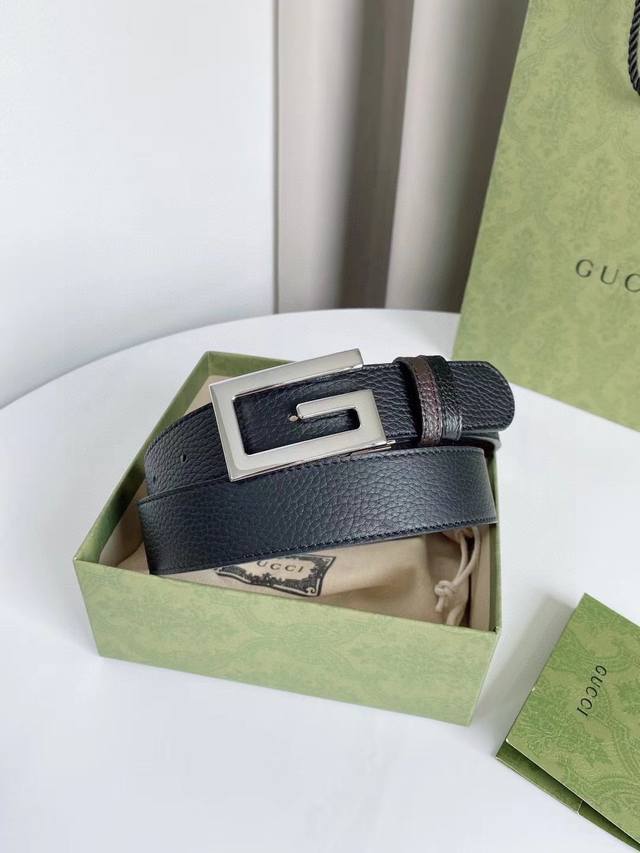 Gucci 原单腰带，双面可用进口牛皮，转动精品五金扣头，宽度3.5Cm