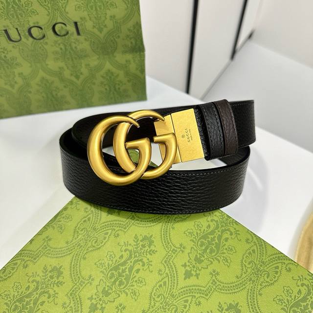 Gucci 黑咖双面togo粗荔枝皮，宽度3.5Cm 复古gg旋转扣 双面可用 可裁剪