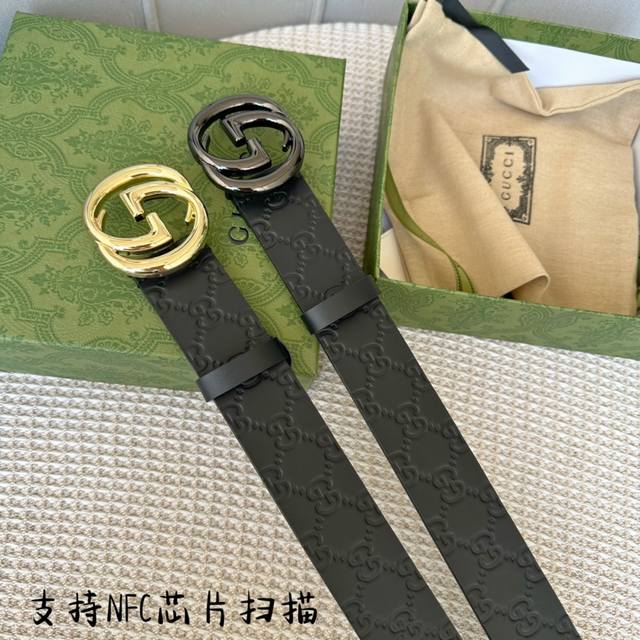 Gucci經典款頭層壓g花，內襯頭層進口黑色皮底寬4.0Cm雙g扣 締造獨特風格！手感超級好