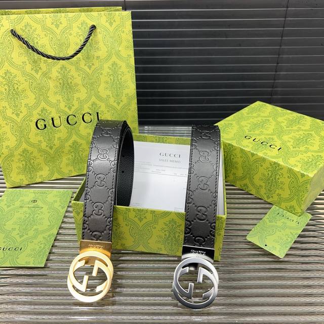 Gucci 古奇 钢扣 原单牛皮腰带 男士经典款皮带 时装搭配必备款 优质扣头 采用原厂牛皮带身 机械打孔 高品质全套包装 礼盒 礼袋 小票 - 点击图像关闭