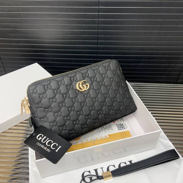 Gucci 古奇 双拉链牛皮手拿包 卡包钱包多功能男包 采用精湛镶嵌细工，实物拍摄 原厂原版面料 配送礼盒 22 X 14 Cm。