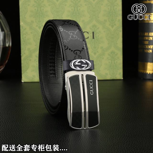 高端品质，实物拍摄..... 批 配全套专柜礼盒 品牌：Gucci 原单品 扣头材质：双色纯钢扣 带身材质正面：正版宽度35Mm双面头层牛皮钢质真空纳米电镀专柜