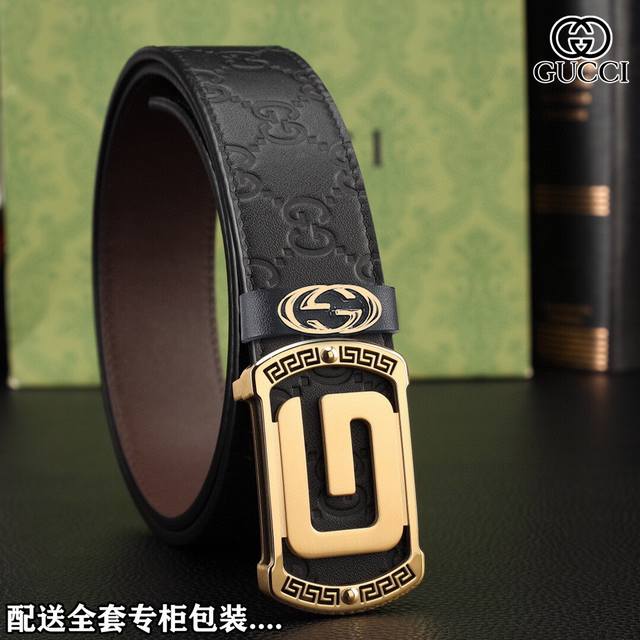 高端品质，实物拍摄..... 批 配全套专柜礼盒 品牌：Gucci 原单品 扣头材质：双色纯钢扣 带身材质正面：正版宽度38Mm双面头层牛皮钢质真空纳米电镀专柜