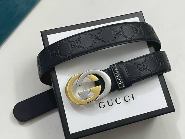 Gucci.古驰 全套包装 3.8Cm进口小牛皮压花, 专柜正品1:1完美复刻. 原版底皮, 采用热压印技术的gucci Signature皮革精制而成，触感厚