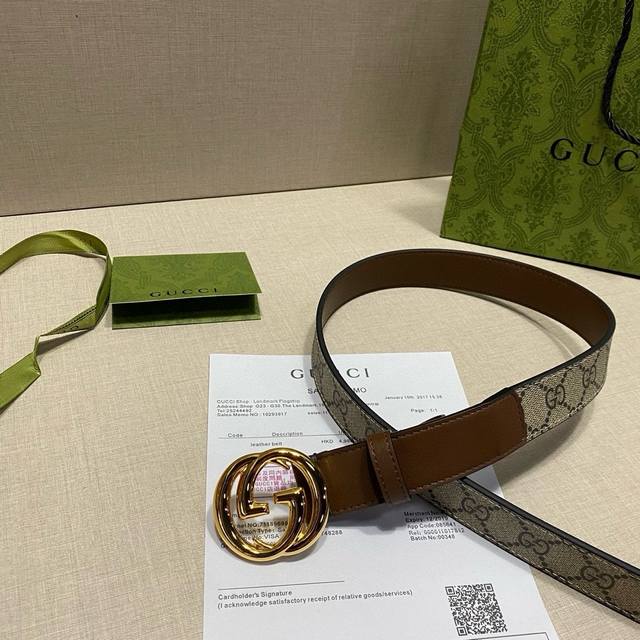 Gucci 双g带扣小牛皮腰带拼接3.0Cm发货实拍所见即所得