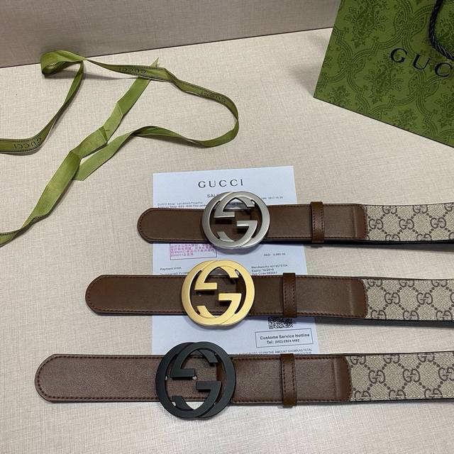 Gucci乌木色双g帆布皮带 宽度40Mm