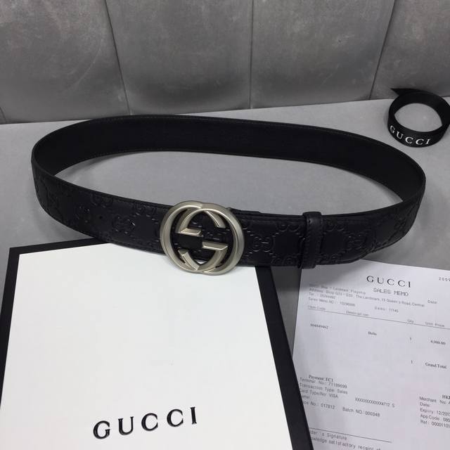 配送专柜全套礼盒包装。Gucci 经典全皮压花，原版进口皮底，精品双g钢扣 宽度40Mm