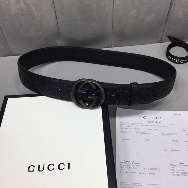 配送专柜全套礼盒包装。Gucci 经典全皮压花，原版进口皮底，精品双g钢扣 宽度40Mm