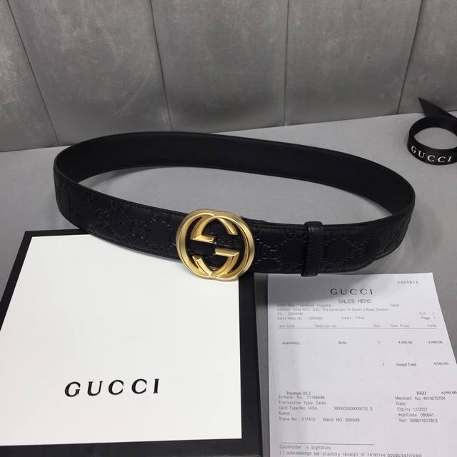 配送专柜全套礼盒包装。Gucci 经典全皮压花，原版进口皮底，精品双g钢扣 宽度40Mm