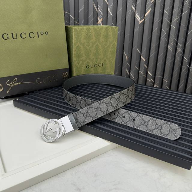 Gucci 627055 Uulbn 暗灰色supreme Pvc老花 猪皮纹水泥灰底 宽度3.7Cm 小标gg旋转扣[原单精品扣] 双面可用 可裁剪