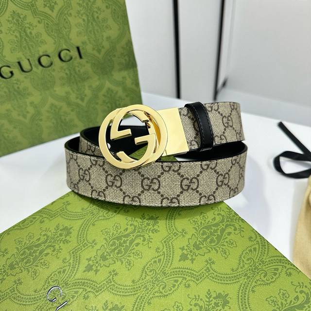 Gucci 乌木色 Pvc老花 小牛皮黑底 宽度3.5Cm 圆双g旋转扣 双面可用 可裁剪