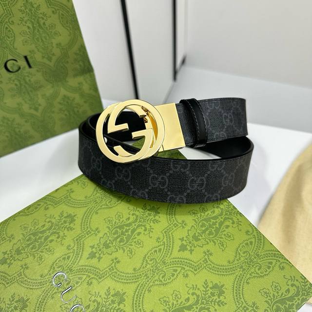 Gucci 黑灰pvc老花 小牛皮黑底 宽度3.5Cm 圆双g旋转扣 双面可用 可裁剪