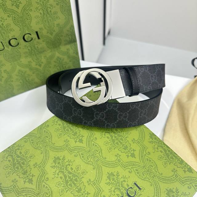 Gucci 黑灰pvc老花 小牛皮黑底 宽度3.5Cm 圆双g旋转扣 双面可用 可裁剪