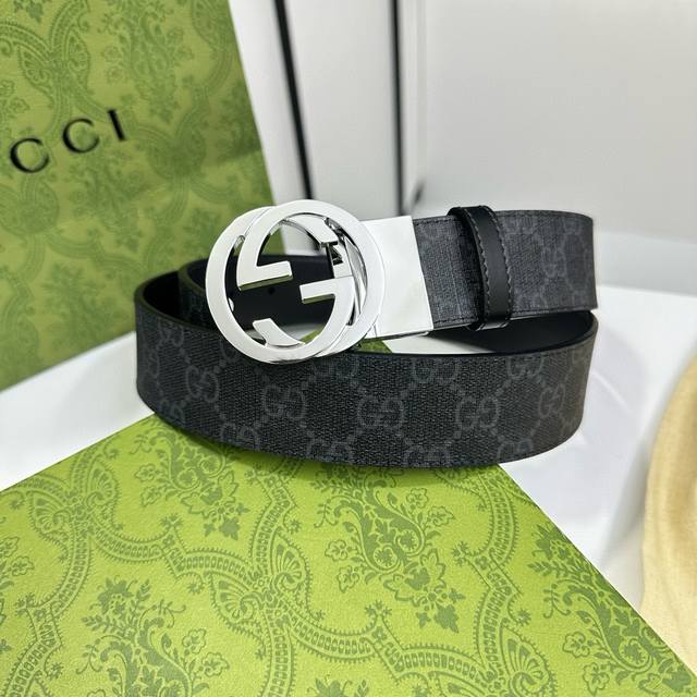 Gucci 黑灰pvc老花 小牛皮黑底 宽度3.5Cm 圆双g旋转扣 双面可用 可裁剪